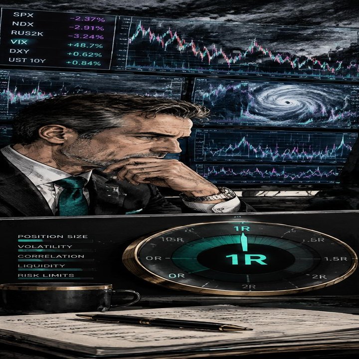 Hand-drawn Trade Feeld manga scene of a developing trader exploring Position Sizing for Volatile Markets: The 1R Framework
