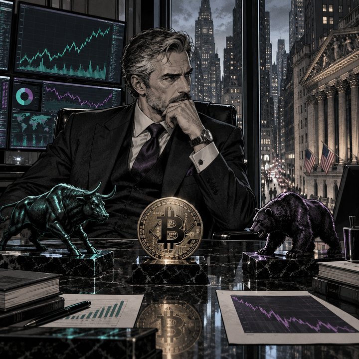 Hand-drawn Trade Feeld manga scene of a expert trader exploring Does the Bitcoin Halving Still Predict Bull Markets? For and Against
