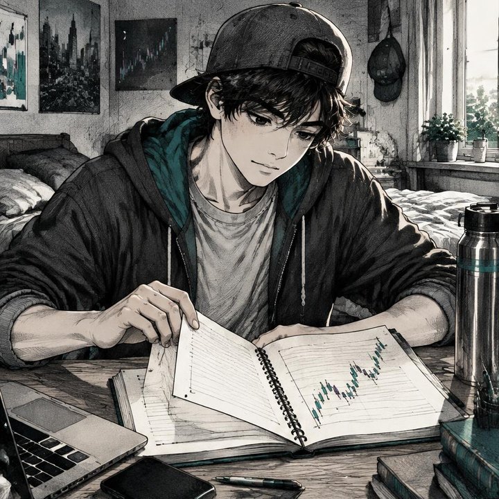 Hand-drawn Trade Feeld manga scene of a young trader exploring Start Trading from 0: The Complete First-Week Plan