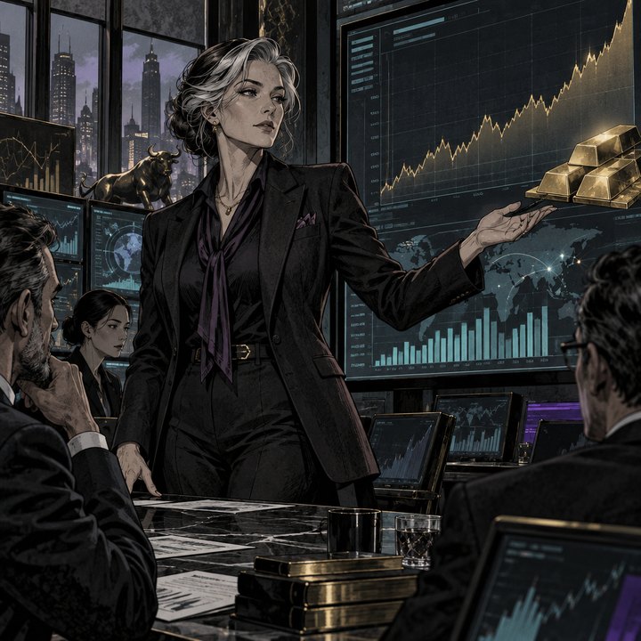 Hand-drawn Trade Feeld manga scene of a expert trader exploring Will Gold Keep Rising?