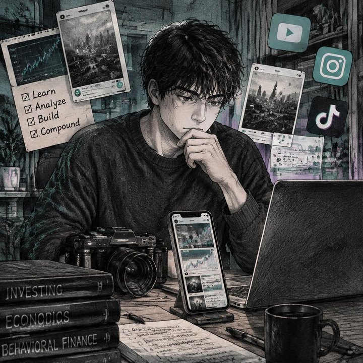 Hand-drawn Trade Feeld manga scene of a young trader exploring Best Trading YouTube, TikTok & Instagram: How to Build a Learning Feed
