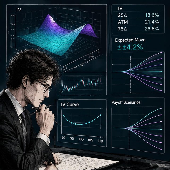 Hand-drawn Trade Feeld manga scene of a developing trader exploring Best Indicators for Options Traders (IV, IV rank, expected move)
