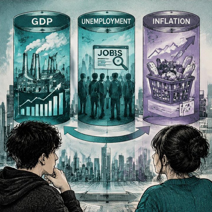 Hand-drawn Trade Feeld manga scene of a young trader exploring The GUI Concept: GDP, Unemployment & Inflation