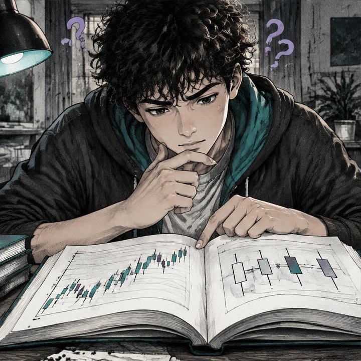 Hand-drawn Trade Feeld manga scene of a young trader exploring Free Trading Guide for Dummies