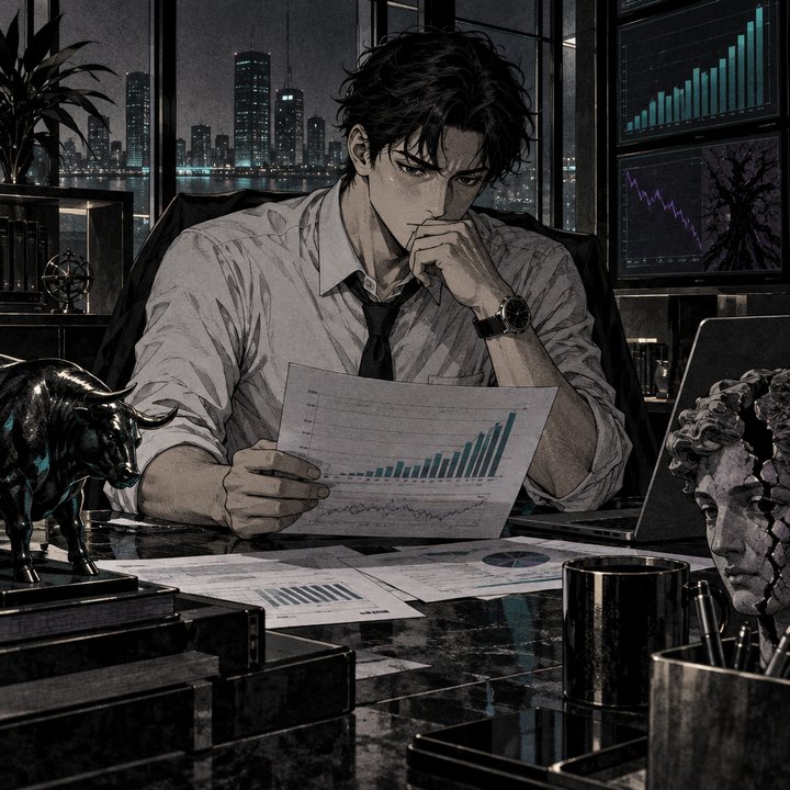 Hand-drawn Trade Feeld manga scene of a developing trader exploring Can Revenue Grow While a Business Gets Weaker?