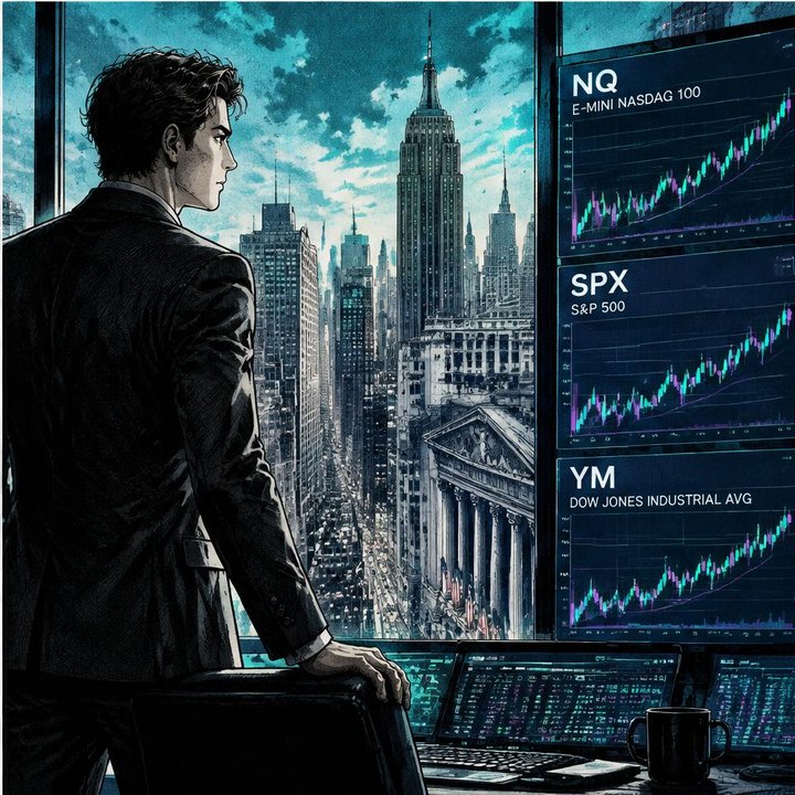 Hand-drawn Trade Feeld manga scene of a developing trader exploring Best Trading Indicators for Indices (NQ, S&P 500, US30)