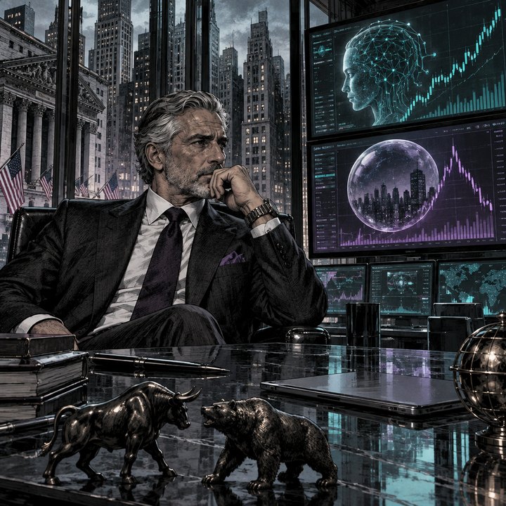 Hand-drawn Trade Feeld manga scene of a expert trader exploring Is There an AI Trading Bubble? Arguments For and Against