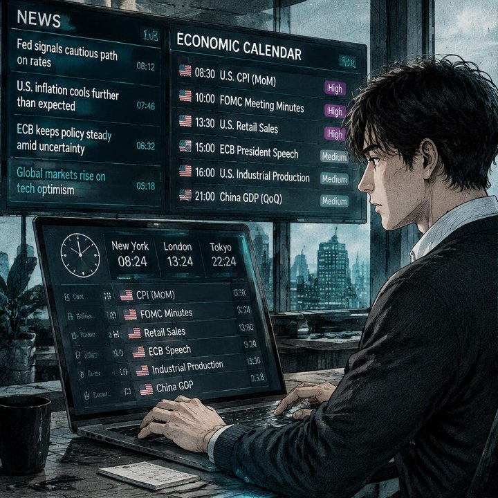 Hand-drawn Trade Feeld manga scene of a young trader exploring Build a News & Calendar Feed (Economic Calendar, Earnings)