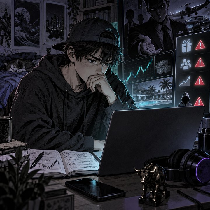 Hand-drawn Trade Feeld manga scene of a young trader exploring Is That Trading Offer a Scam? Red Flags Beginners Miss