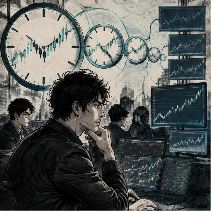 Hand-drawn Trade Feeld manga scene of a developing trader exploring Timeframes: Which One Should You Trade?