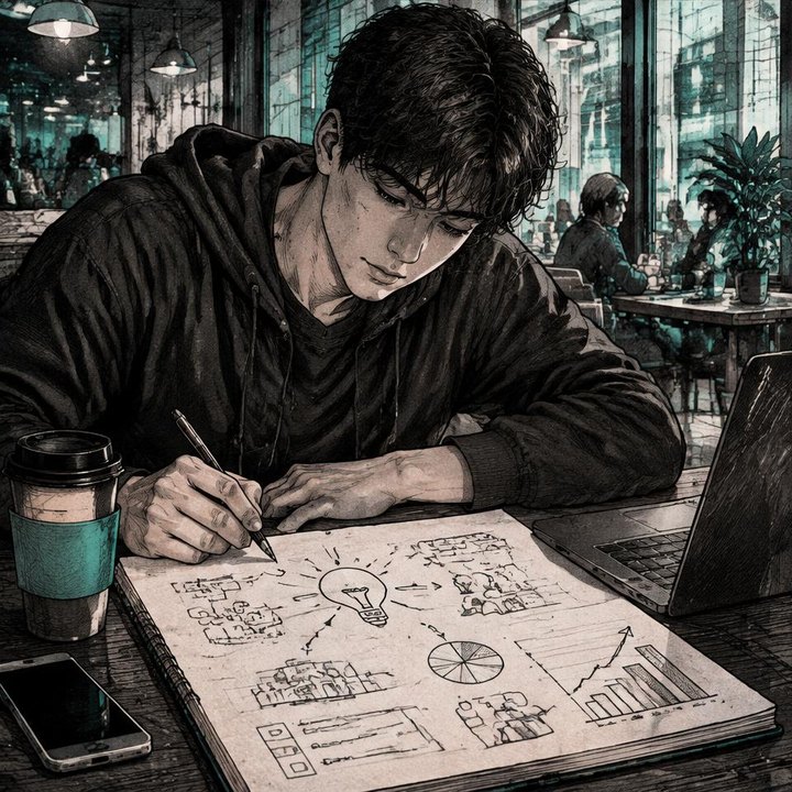 Hand-drawn Trade Feeld manga scene of a young trader exploring Free Trading Book for Entrepreneurs