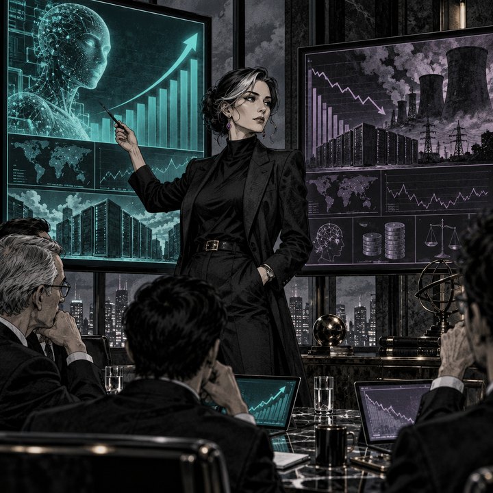 Hand-drawn Trade Feeld manga scene of a expert trader exploring Will AI Capex Pay Off for Big Tech? The Case For and Against