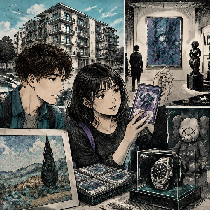 Hand-drawn Trade Feeld manga scene of a young trader exploring Alternative Investments: Real Estate, Art, and More