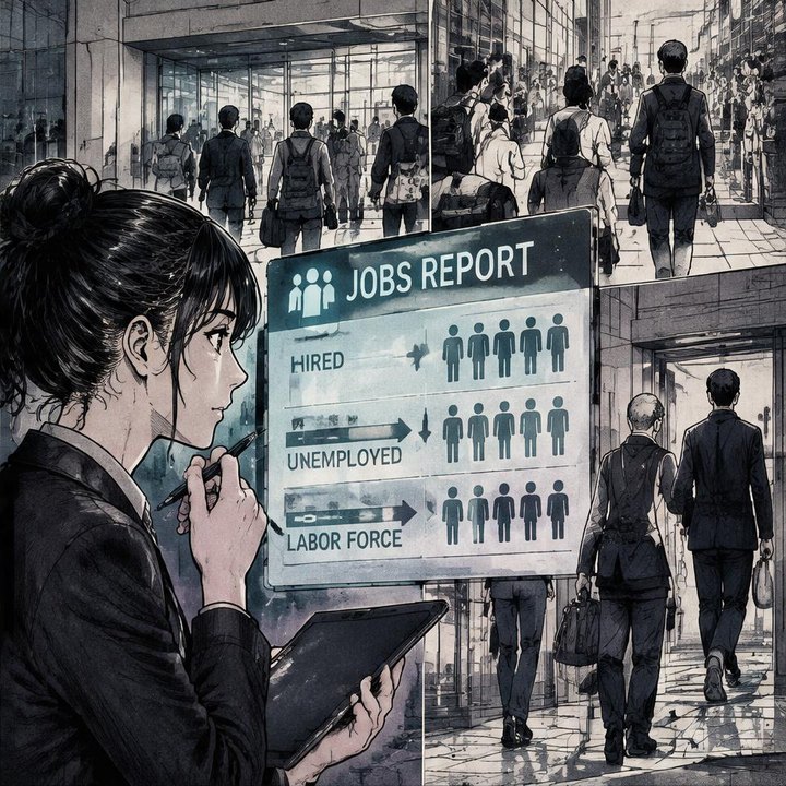Hand-drawn Trade Feeld manga scene of a young trader exploring Unemployment & NFP Explained