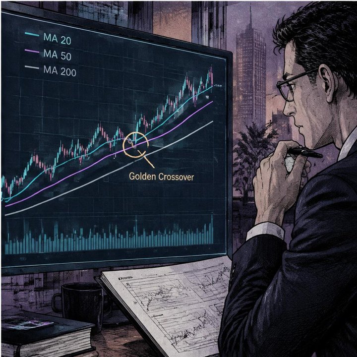 Hand-drawn Trade Feeld manga scene of a developing trader exploring Moving Averages: 20, 50, 200 and the Golden Cross
