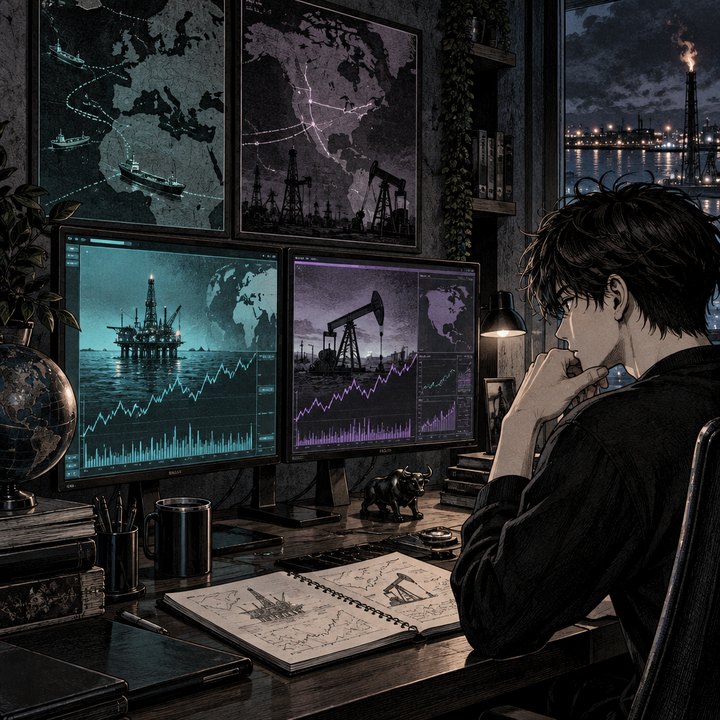 Hand-drawn Trade Feeld manga scene of a young trader exploring Brent vs WTI: Why Are There Two Major Oil Prices?