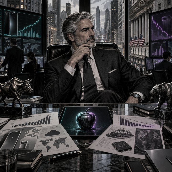 Hand-drawn Trade Feeld manga scene of a expert trader exploring Can Apple Earnings Justify a Higher Stock Price? For and Against