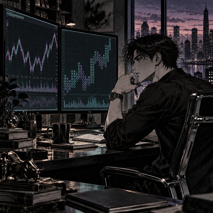 Hand-drawn Trade Feeld manga scene of a developing trader exploring Do Point-and-Figure Charts Filter Noise Better Than Candlesticks?