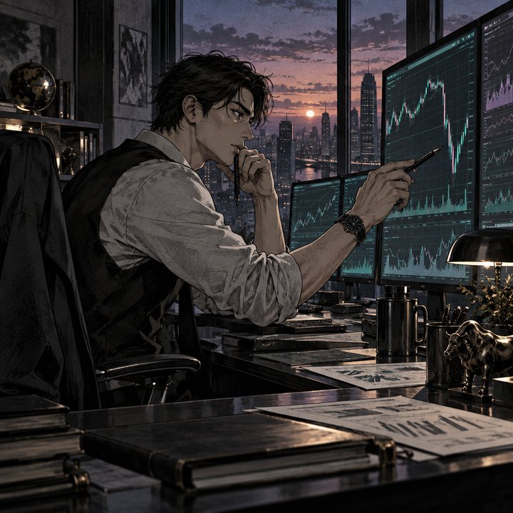 Hand-drawn Trade Feeld manga scene of a young trader exploring Is That Price Gap Real or Just a Dividend or Stock Split?
