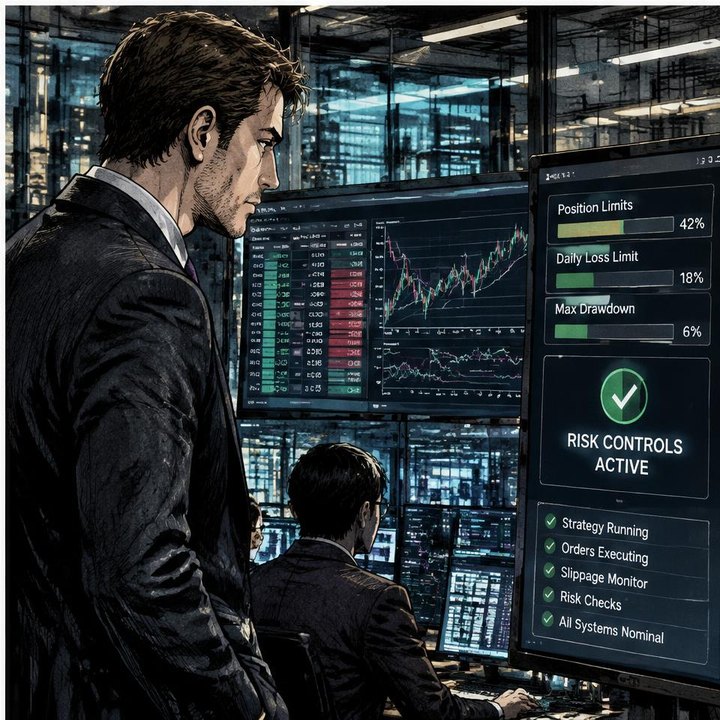 Hand-drawn Trade Feeld manga scene of a expert trader exploring AI Trading Robot: A Realistic Guide to Automated Execution
