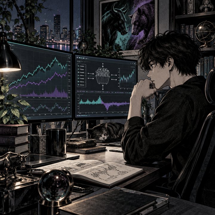 Hand-drawn Trade Feeld manga scene of a developing trader exploring Why Can an ETF Trade Above or Below Its Holdings' Value?