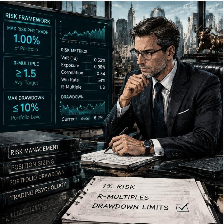 Hand-drawn Trade Feeld manga scene of a developing trader exploring Risk Framework: The 1% Rule, R-Multiples & Drawdown Limits