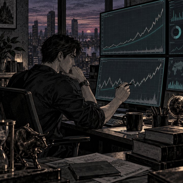 Hand-drawn Trade Feeld manga scene of a young trader exploring Log vs Linear Charts: Are You Reading Long-Term Trends Wrong?