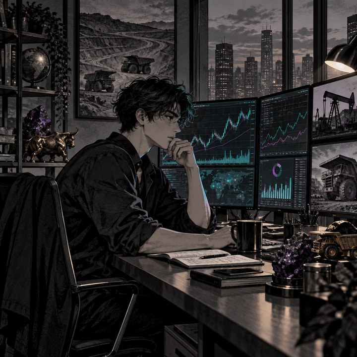 Hand-drawn Trade Feeld manga scene of a developing trader exploring Why Can Mining and Energy Stocks Move More Than Commodity Prices?