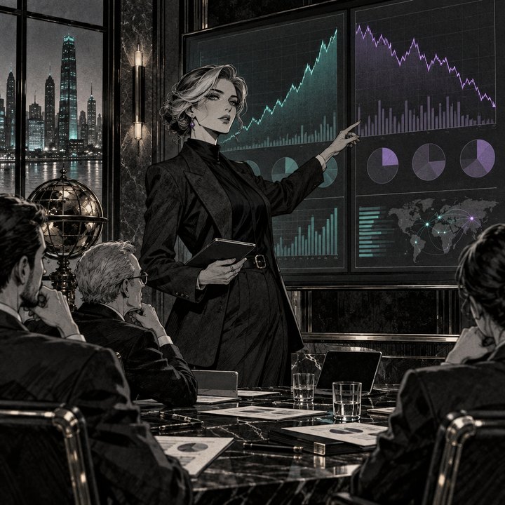 Hand-drawn Trade Feeld manga scene of a expert trader exploring Is Magnificent 7 Concentration Dangerous? Arguments For and Against