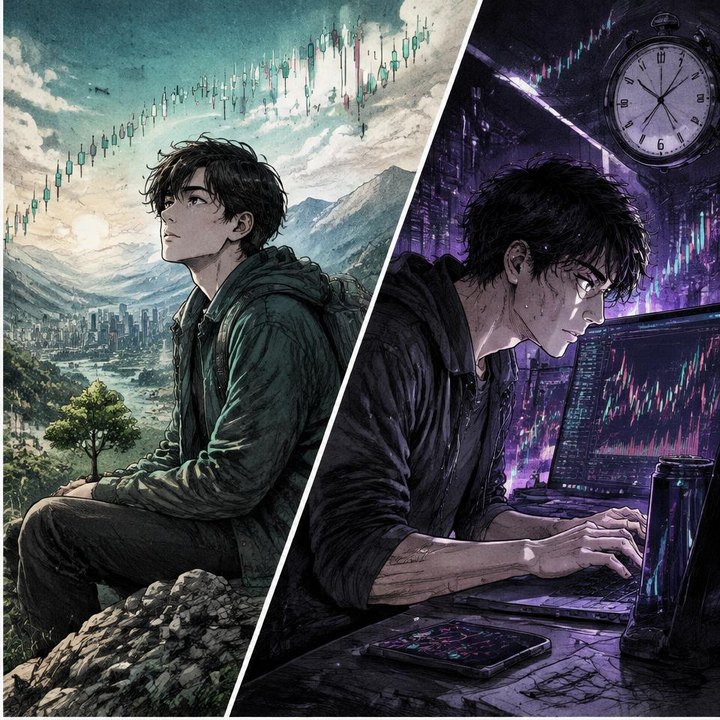 Hand-drawn Trade Feeld manga scene of a young trader exploring Trading vs Investing: Which One Is for You?