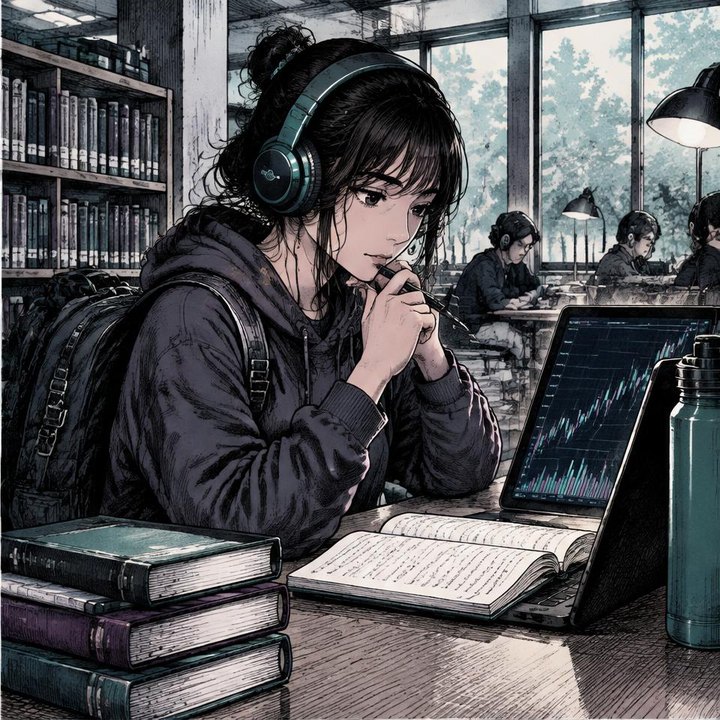 Hand-drawn Trade Feeld manga scene of a young trader exploring Free Trading Guide for Students: How to Build Skills Early