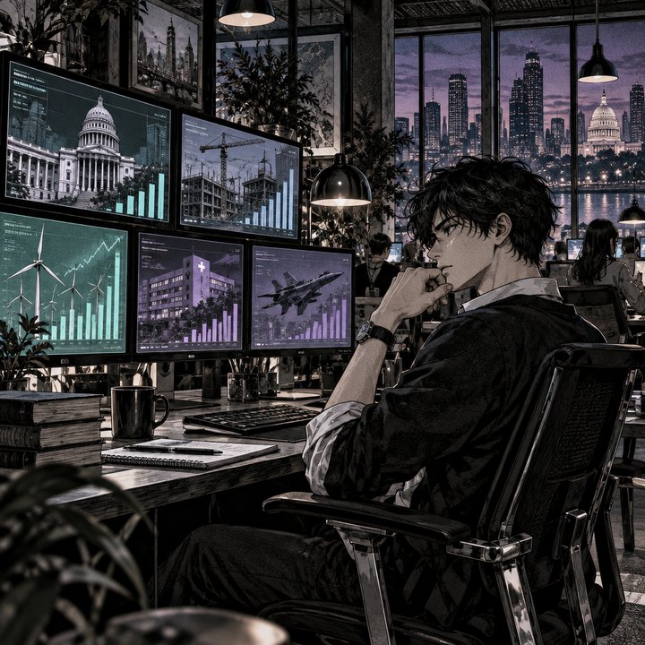 Hand-drawn Trade Feeld manga scene of a developing trader exploring Which Sectors Benefit First From Higher Government Spending?
