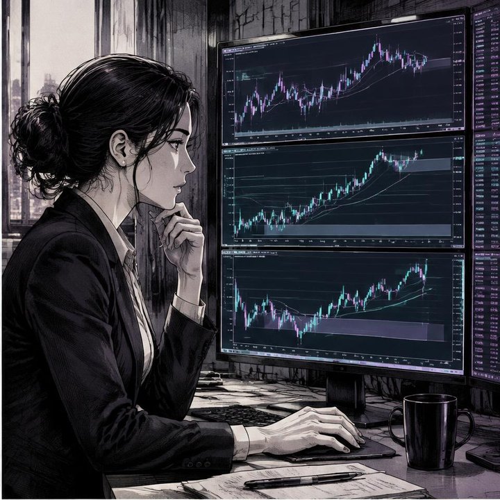 Hand-drawn Trade Feeld manga scene of a developing trader exploring Multi-Timeframe Confluence: How Pro Traders Filter Noise