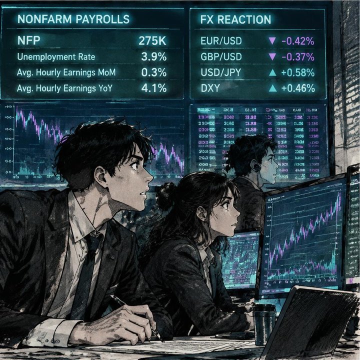 Hand-drawn Trade Feeld manga scene of a developing trader exploring NFP Day Playbook: Trading the Jobs Report
