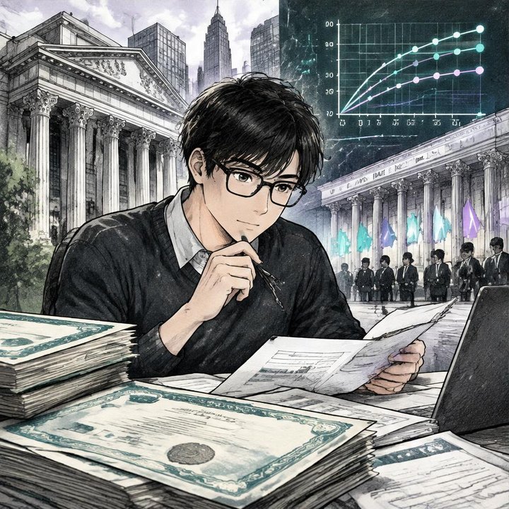 Hand-drawn Trade Feeld manga scene of a young trader exploring Bonds & Debt: The Foundation of Markets