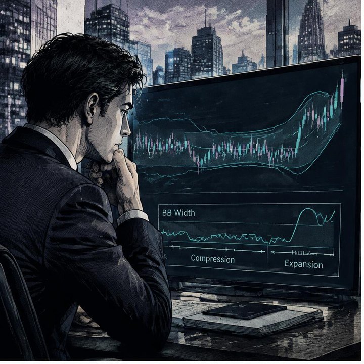 Hand-drawn Trade Feeld manga scene of a developing trader exploring Bollinger Bands: Squeezes and Fake Breakouts