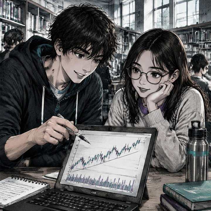 Hand-drawn Trade Feeld manga scene of a young trader exploring Free Trading Guide for Newbies