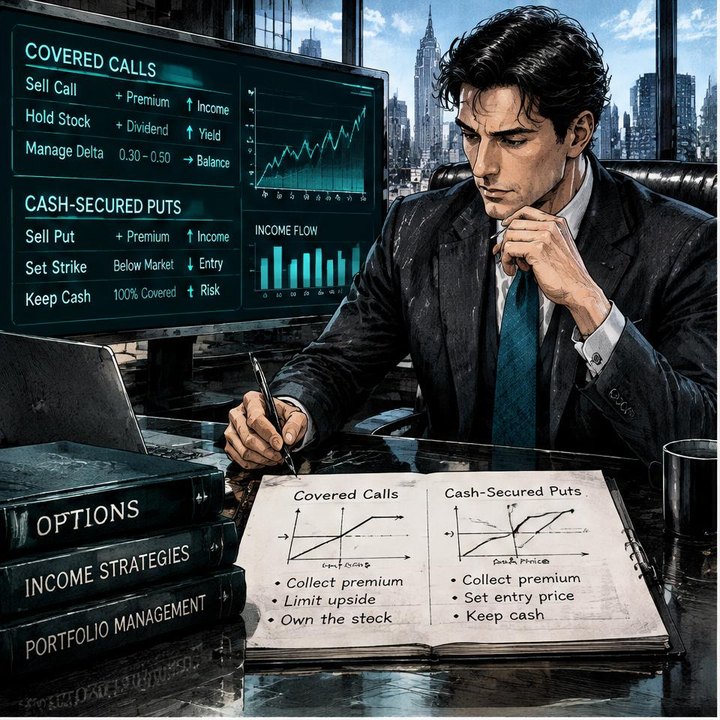 Hand-drawn Trade Feeld manga scene of a expert trader exploring Options Income Strategies: Covered Calls & Cash-Secured Puts