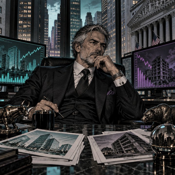 Hand-drawn Trade Feeld manga scene of a expert trader exploring Could Commercial Real Estate Losses Spark Another Banking Shock? For and Against