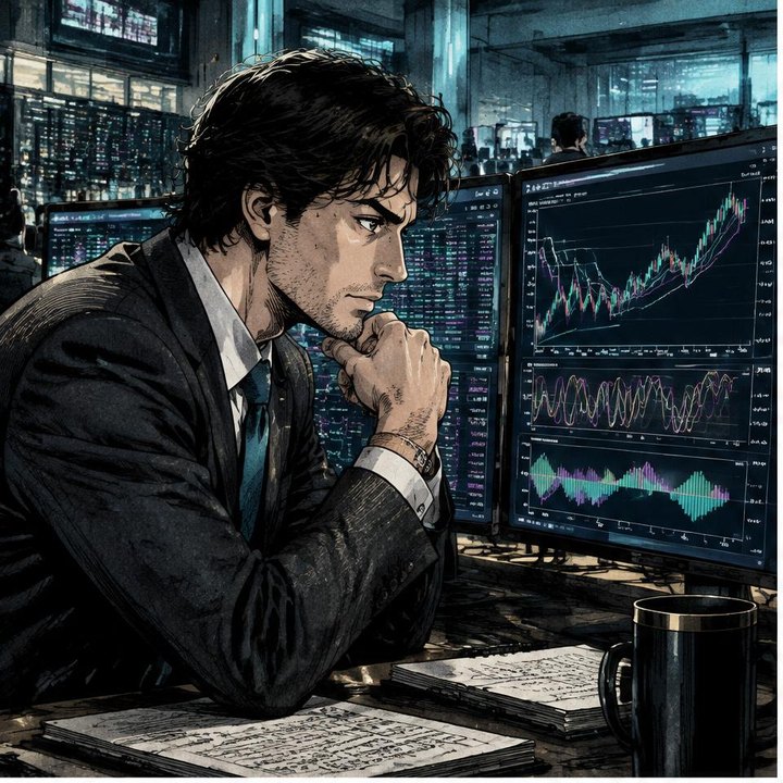 Hand-drawn Trade Feeld manga scene of a developing trader exploring Stochastic & Momentum Oscillators