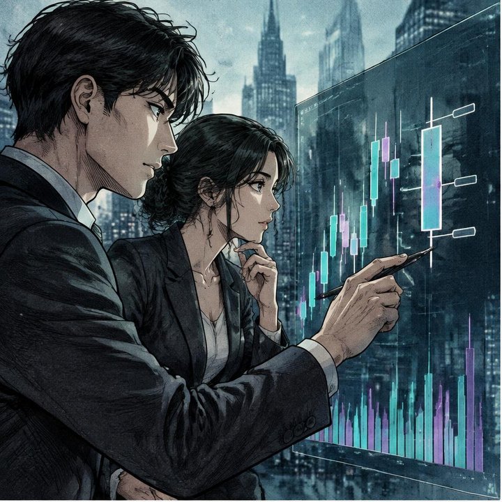 Hand-drawn Trade Feeld manga scene of a young trader exploring How to Read a Candlestick Chart: The Ultimate Guide