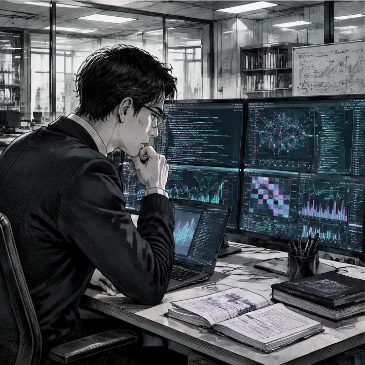 Hand-drawn Trade Feeld manga scene of a developing trader exploring Secret AI Trading Technical Indicators: What Pros Actually Use