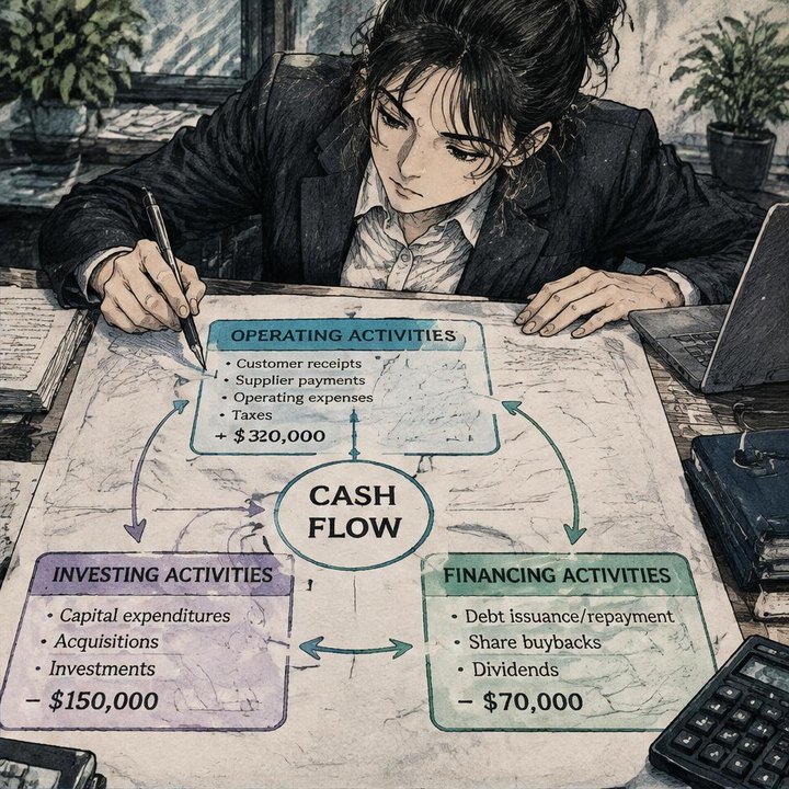 Hand-drawn Trade Feeld manga scene of a developing trader exploring How to Read a Cash Flow Statement: Following the Money