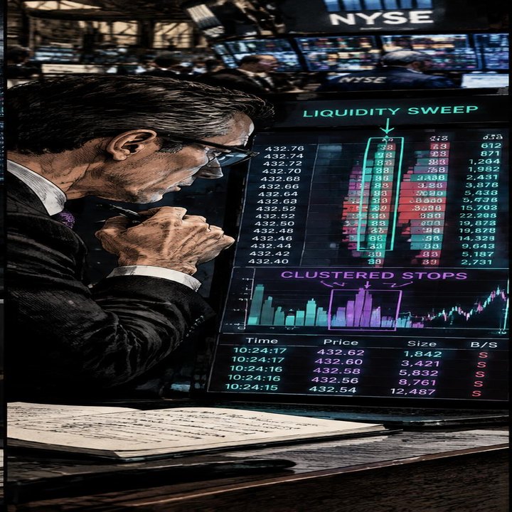Hand-drawn Trade Feeld manga scene of a expert trader exploring Reading Liquidity Sweeps: Where Stops Actually Live