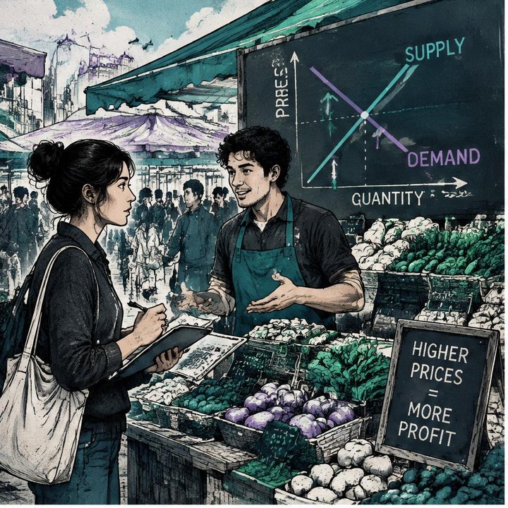Hand-drawn Trade Feeld manga scene of a young trader exploring Microeconomics for Traders: Supply, Demand, and Pricing Power