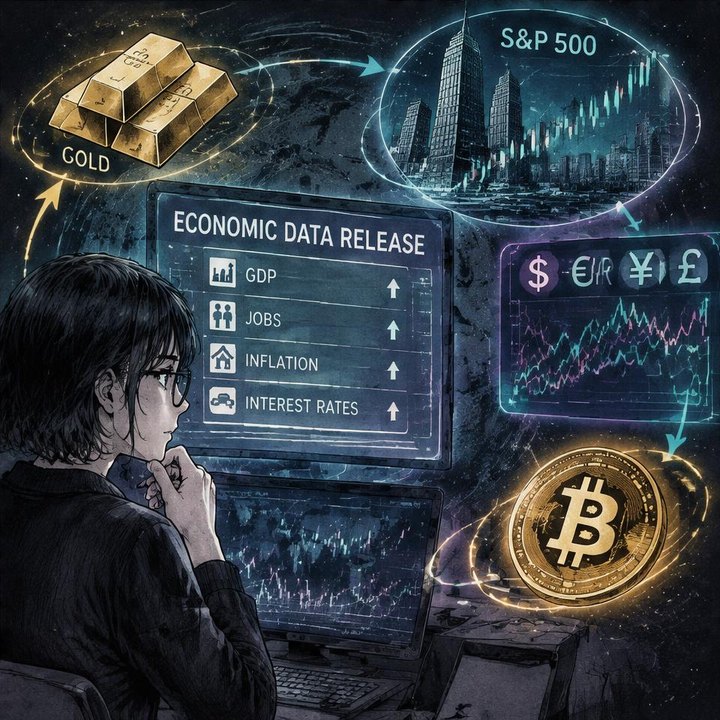 Hand-drawn Trade Feeld manga scene of a young trader exploring How GUI Data Moves Gold, Indices, Forex & Bitcoin