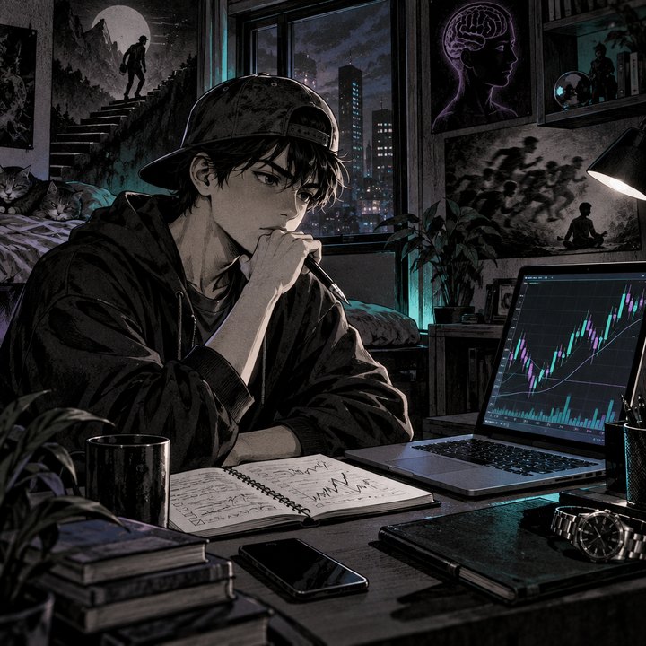 Hand-drawn Trade Feeld manga scene of a young trader exploring How Can You Beat Trading FOMO Without Chasing Prices?