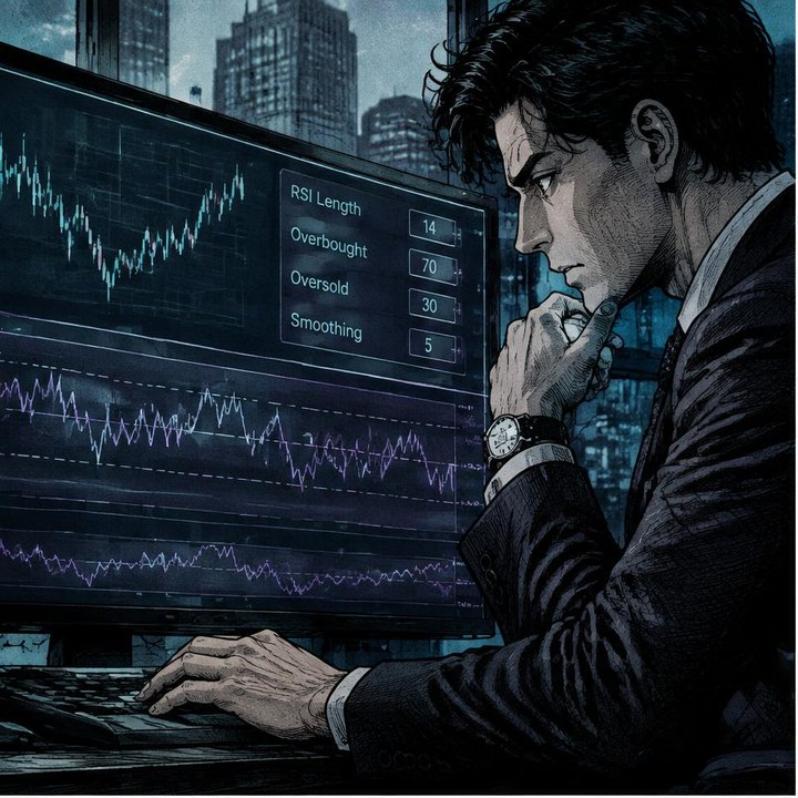 Hand-drawn Trade Feeld manga scene of a developing trader exploring RSI Settings Pros Use (and Why 14 Isn't Magic)