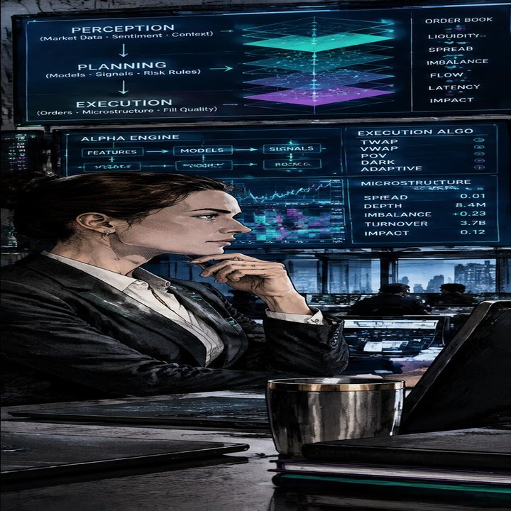 Hand-drawn Trade Feeld manga scene of a expert trader exploring AI Robotics in Markets: When Bot Trading Meets Microstructure