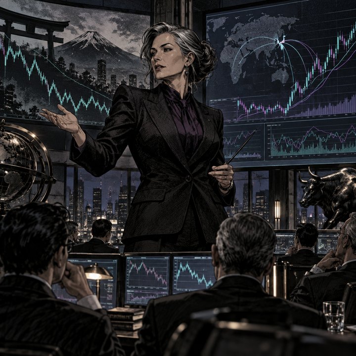 Hand-drawn Trade Feeld manga scene of a expert trader exploring Could a Yen Carry Trade Unwind Crash Markets? For and Against